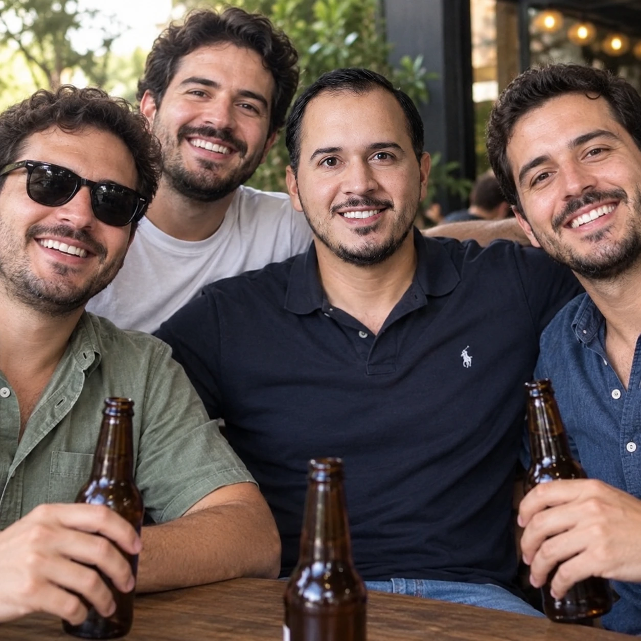 Roberto García Magaña con amigos en una reunión informal, sonriendo a cámara